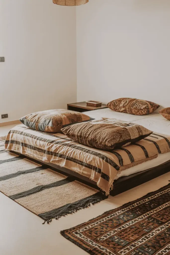 Low-to-ground bedroom with platform bed, large floor cushions covered in African print fabric and mudcloth, layered rugs with jute base and smaller patterned rug on top. Low wooden table as nightstand, white walls. Casual bohemian floor-level living aesthetic, warm natural light, relaxed and lived-in feeling, editorial interior photography.