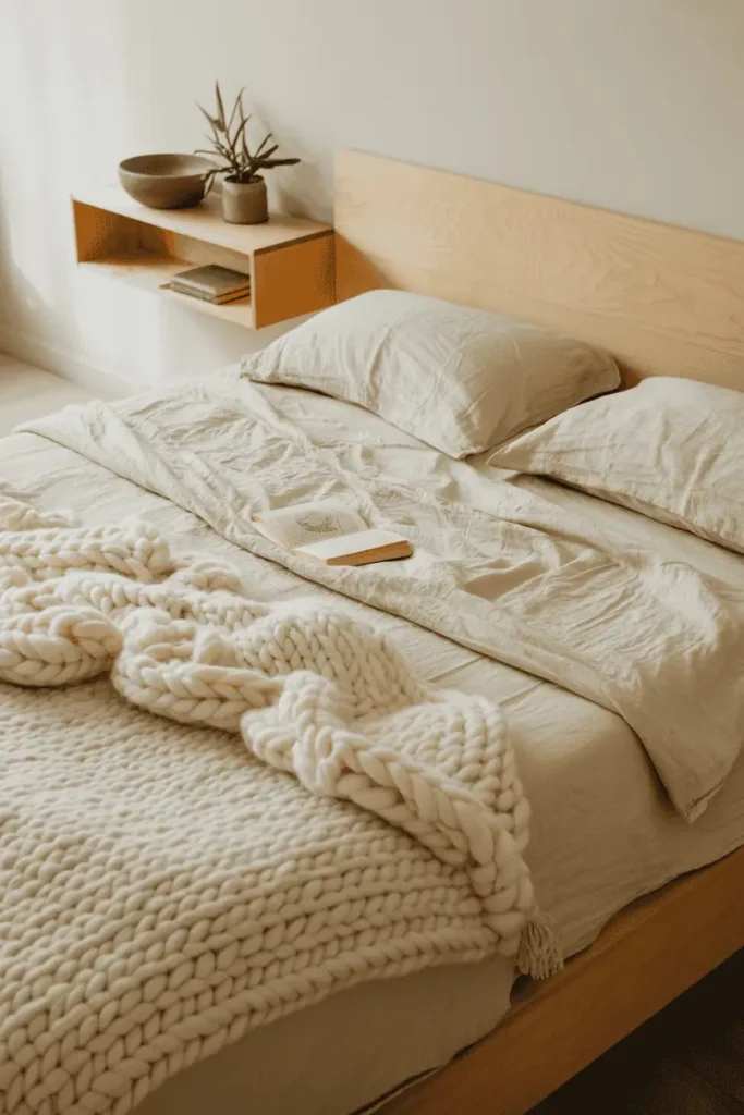 Scandinavian bedroom featuring birch platform bed with no headboard, cream wool chunky knit throw and blanket, off-white cotton-linen sheets. One floating birch shelf with ceramic bowl, small potted plant, and single book. White walls, soft natural lighting, warm and restrained aesthetic. Close-up showing birch wood grain and textile texture detail. Editorial interior photography, natural tones, cozy minimalism.