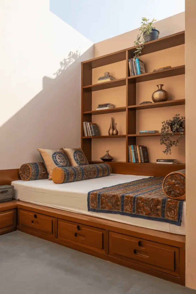 Space-efficient Indian bedroom with low platform diwan-style bed built along wall in mango wood with built-in storage drawers. Styled with bolster cushions and block-printed textiles. Opposite wall has open wooden shelving with books, brass vessels, plants. Small urban bedroom, functional design. Natural daylight, contemporary Indian style.