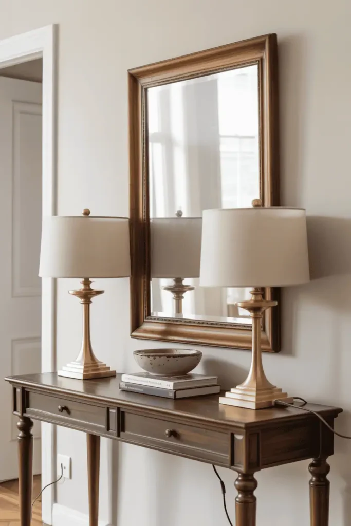 Traditional entryway with dark walnut console table styled symmetrically, two identical brass table lamps positioned at each end, large rectangular wood-framed mirror centered above. Small stack of books and ceramic bowl between lamps. White walls, natural side lighting, formal and elegant composition. Interior photography, realistic style, classic console styling, balanced arrangement.