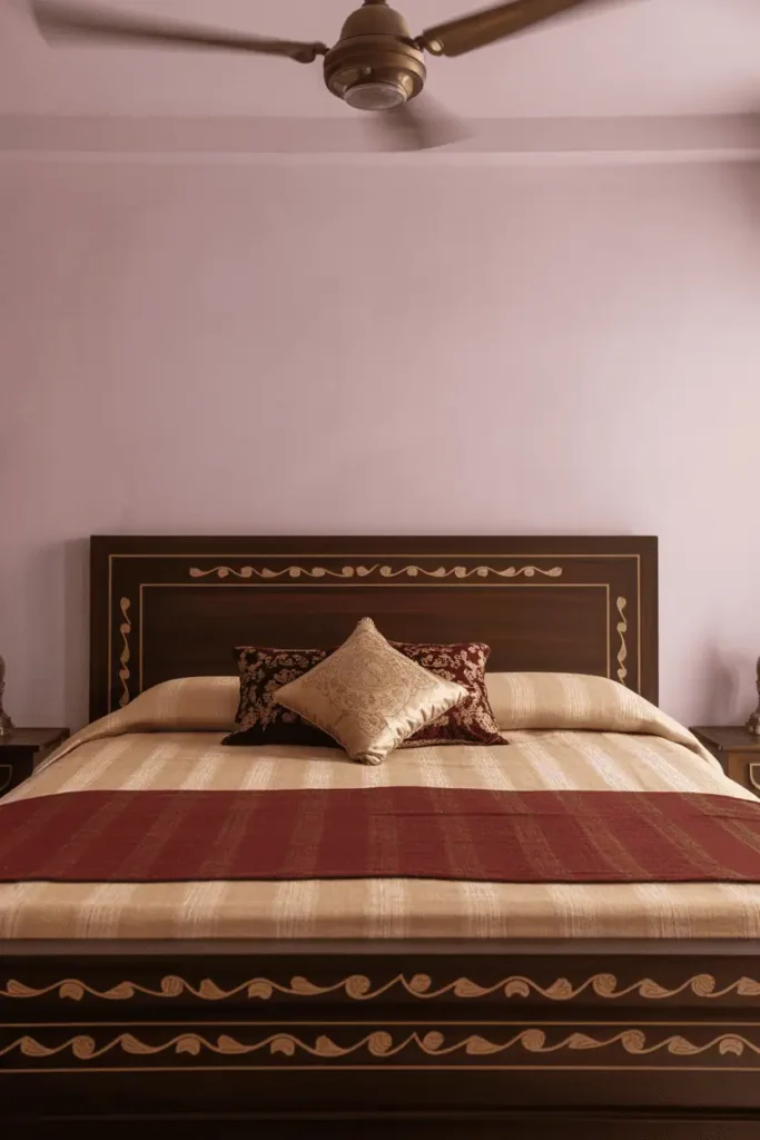 Elegant Indian bedroom with dark rosewood bed frame featuring thin brass inlay in paisley patterns on headboard and footboard. Layered bedding: cream cotton base, deep maroon silk throw, embroidered cushions in gold and burgundy. Soft pink plaster walls, vintage brass ceiling fan overhead. Formal, rich, traditional aesthetic. Warm lighting, interior photography.