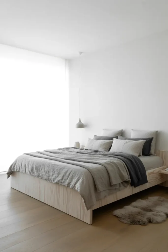 Minimalist Scandinavian bedroom with pure white walls, low platform bed in pale ash wood with visible grain, layered gray linen bedding in light gray, medium gray, and charcoal tones. Light blonde oak floor, single matte white pendant light, small sheepskin rug beside bed. Maximum light reflection, soft natural window light, texture-focused composition, calm and restrained aesthetic. Interior photography, photo-realistic style, 50mm lens.