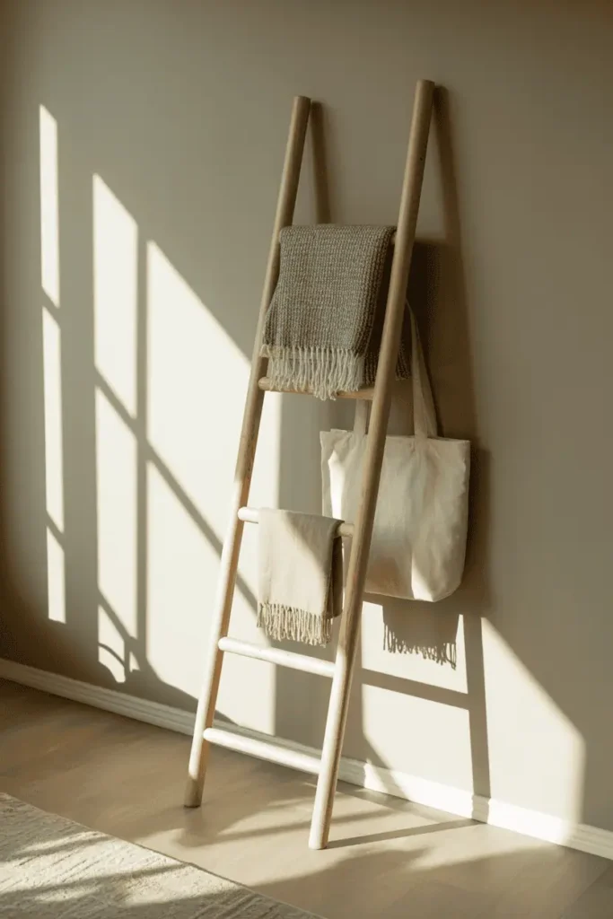 A tall vertical ash wood ladder leaning gracefully against a bedroom wall in a sunlit corner. Four clean rungs hold a chunky knit throw, canvas tote, and patterned scarf. Morning light streams from a nearby window creating long diagonal shadows on pale wood floors. Casual Scandinavian aesthetic, airy and inviting.