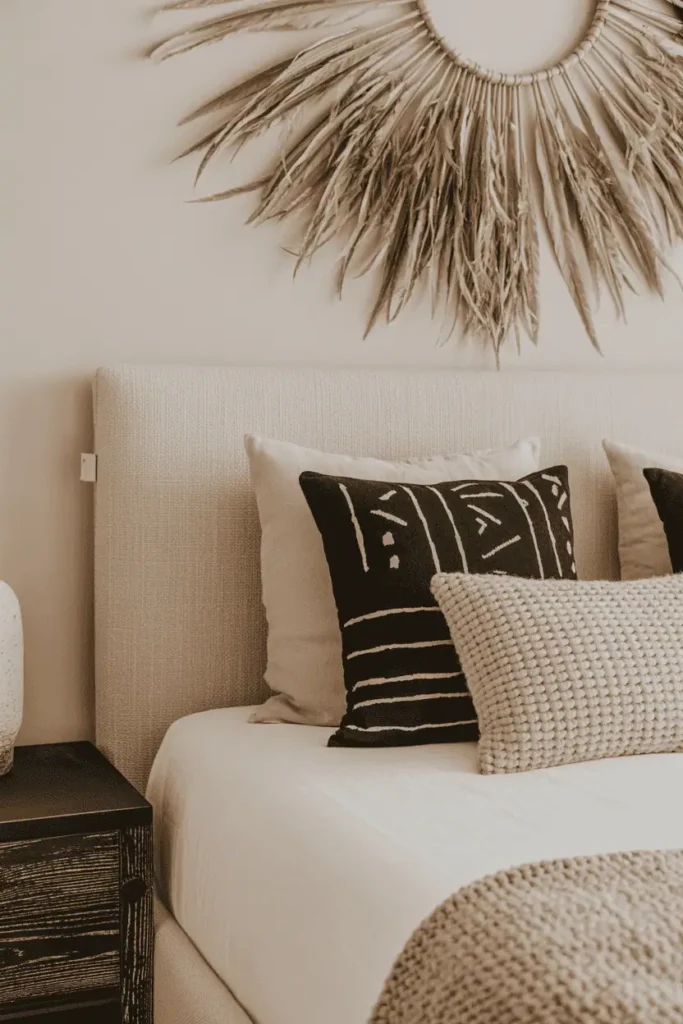Minimalist Afrohemian bedroom in cream, beige, black, and white. Natural linen upholstered bed, large Bamileke feather juju hat wall art above headboard, black and white mudcloth geometric pillows, chunky knit throw. Black-stained wooden nightstand. Textural focus, matte finishes, soft natural lighting, editorial monochrome interior design photography.