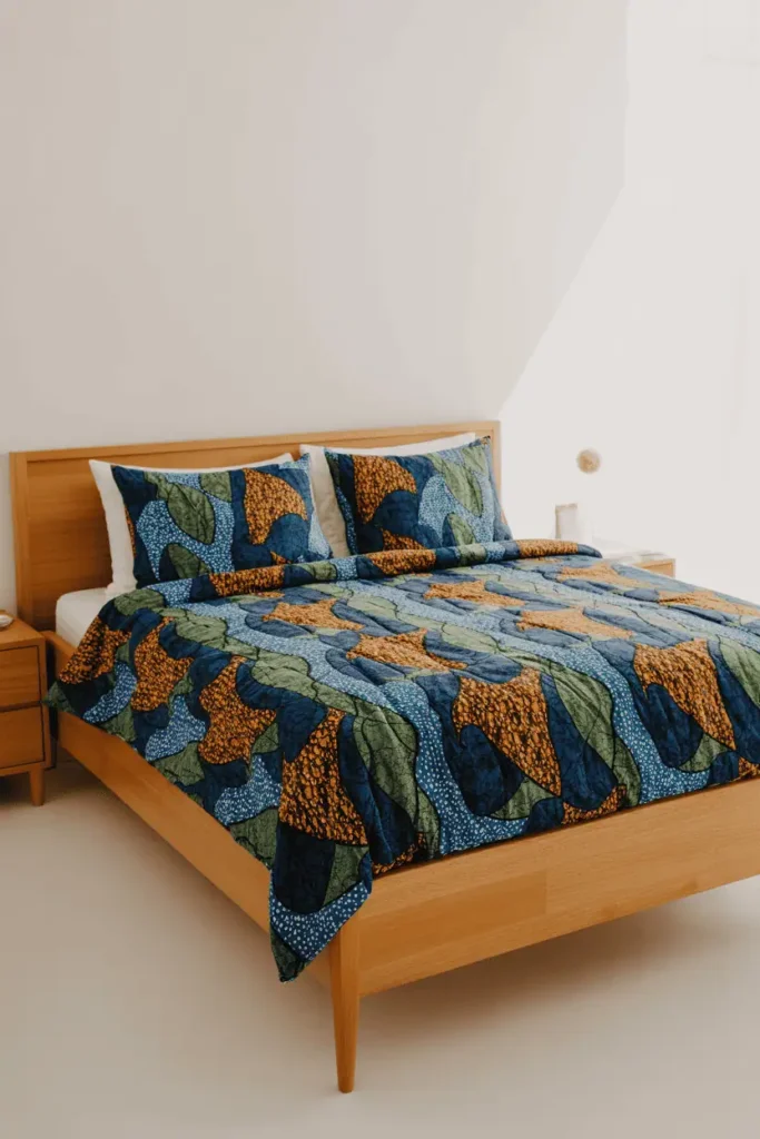 Bedroom with light blonde oak bed frame and furniture, bold African wax print duvet cover in deep blues, greens, and oranges with geometric patterns. White walls, minimal styling, clean modern aesthetic. Natural light, bright and airy feel, editorial interior photography, vibrant textiles against light wood contrast.