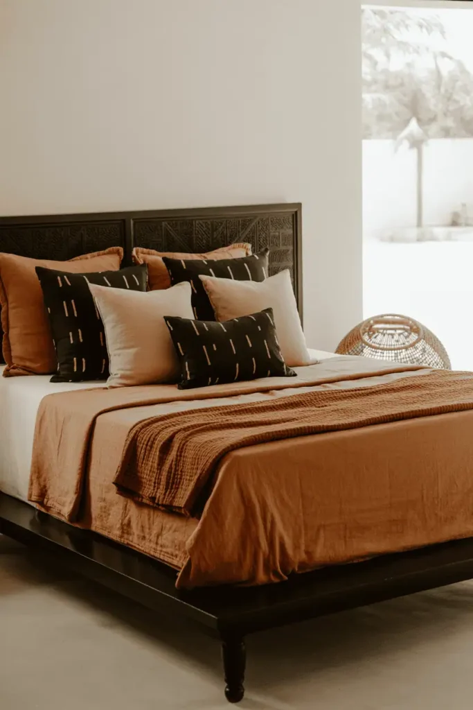 Low platform bed in dark carved mahogany with subtle geometric headboard details. Layered bedding: rust linen duvet, mudcloth pillows in black and cream, burnt orange woven throw. White walls, natural daylight from side window, large woven basket at foot of bed. Interior photography, warm tones, soft shadows, editorial styling, calm Afrobohemian aesthetic.