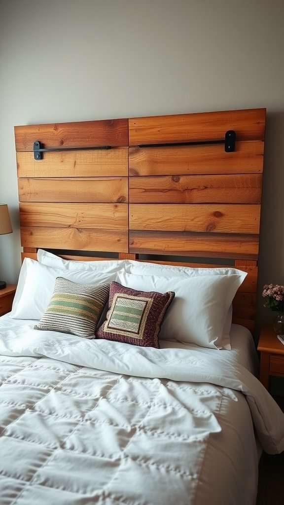 A wooden pallet headboard above a bed with white bedding and decorative pillows.