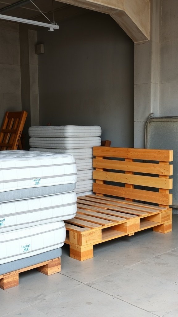 A pallet bed frame with a wooden structure next to several stacked mattresses in a minimalist space.