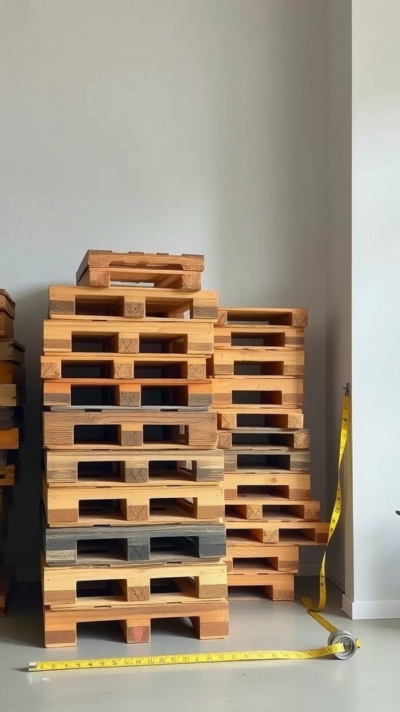 A stack of wooden pallets with a measuring tape resting on the floor.