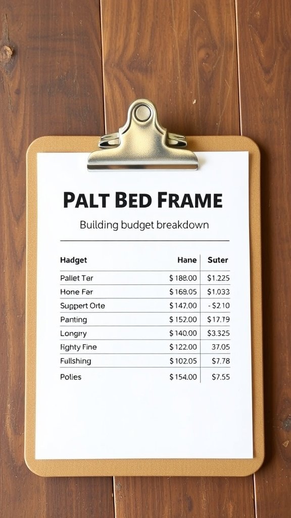 Budget breakdown for building a pallet bed frame, showing various materials and their costs.
