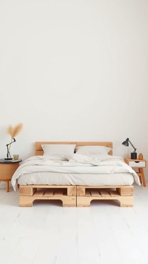 A minimalist pallet bed frame made of wood with light bedding and simple decor in a small room.