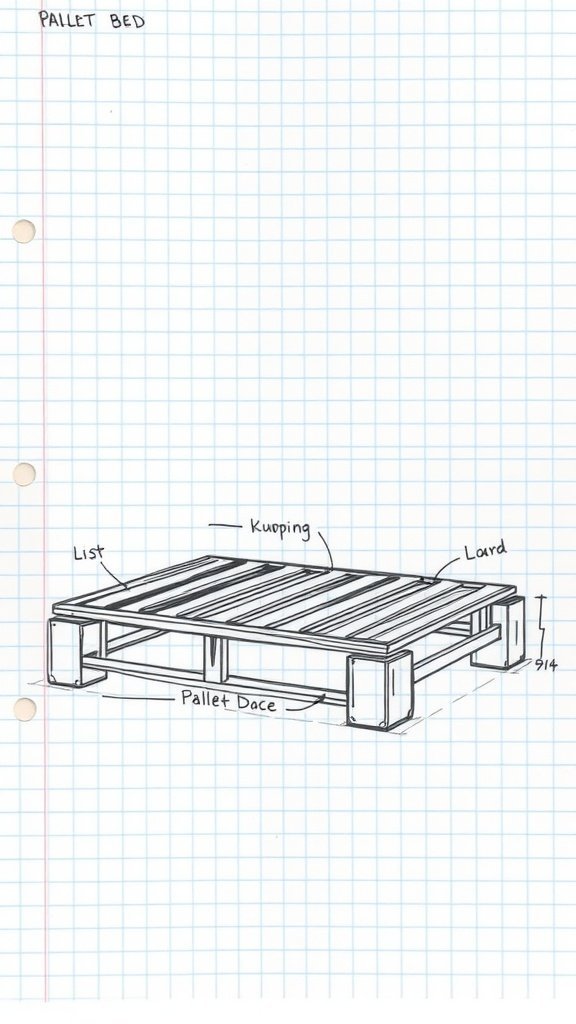 Sketch of a pallet bed frame with labeled dimensions on graph paper.