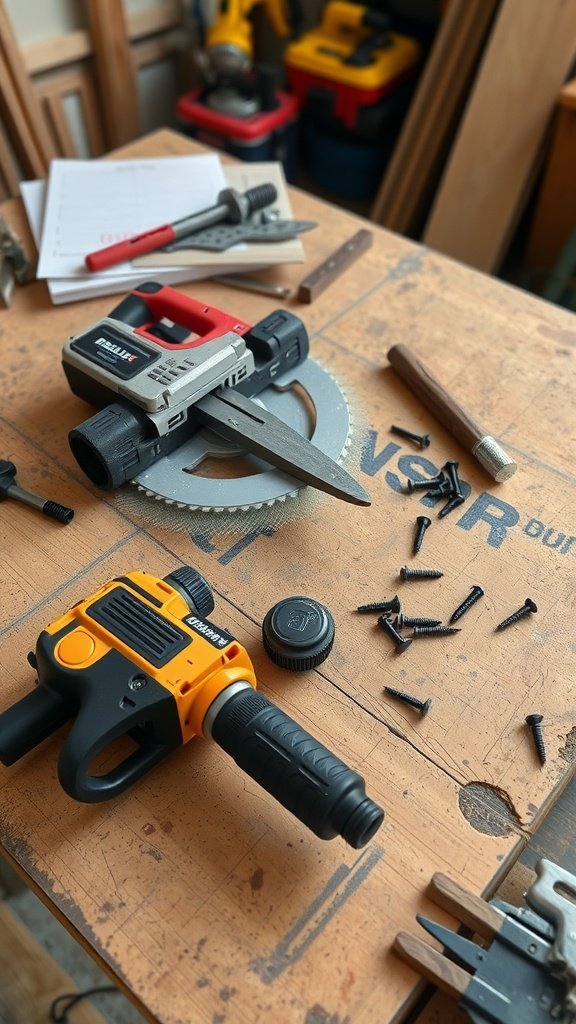 A workspace with a cordless drill, circular saw, screws, and other tools for building a pallet bed frame.