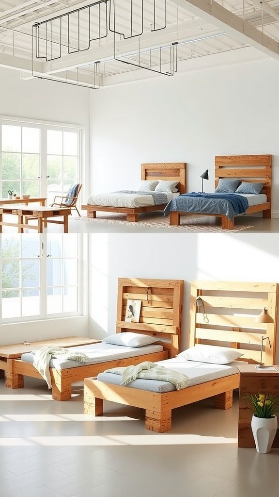Two wooden pallet bed frames in a bright room with blue bedding