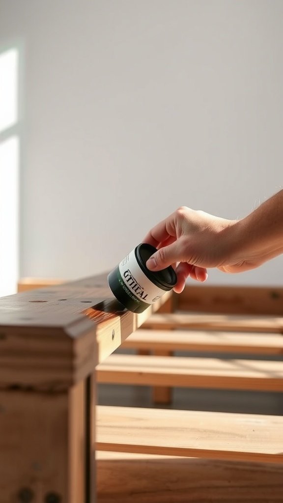 A person staining a wooden pallet bed frame with a black container in hand.