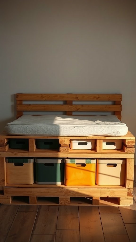 DIY pallet bed frame with storage bins underneath