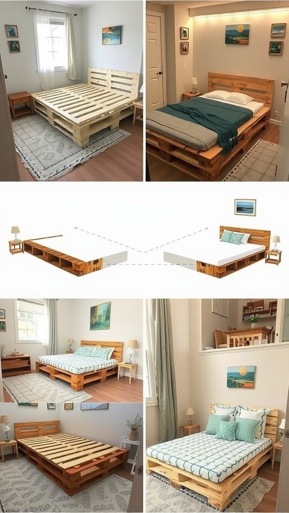 Collage of DIY pallet bed frames showing various designs and room settings