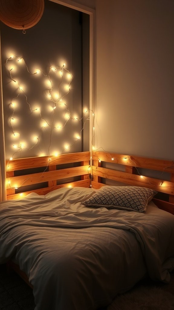 Cozy pallet bed frame with string lights, creating a warm atmosphere