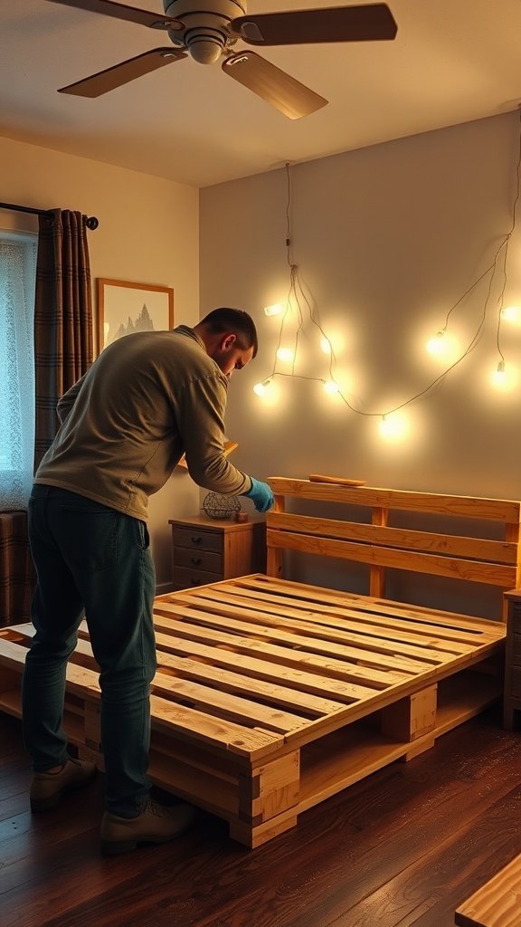 A person assembling a wooden pallet bed frame in a cozy room with warm lights.
