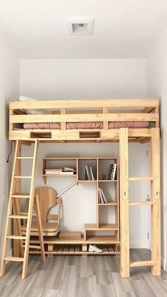 A stylish small room featuring a lofted pallet bed frame with storage underneath.