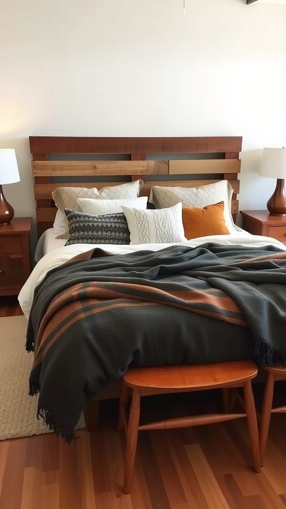 A cozy bed with a wooden pallet headboard, soft bedding, and decorative pillows.