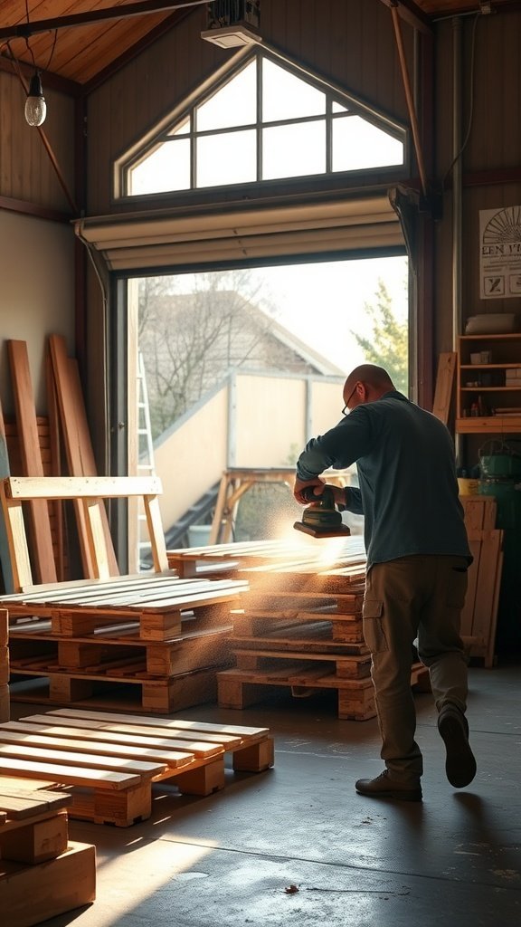 A person sanding a wooden pallet in a workshop with sunlight coming through the windows.