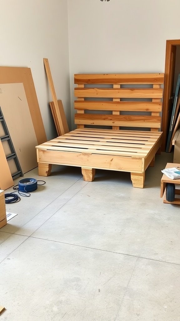 A simple wooden pallet bed frame in a room under construction.
