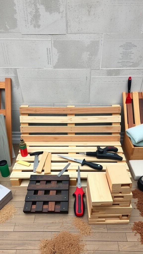 Workspace with wooden pallets and tools for building a pallet bed frame.