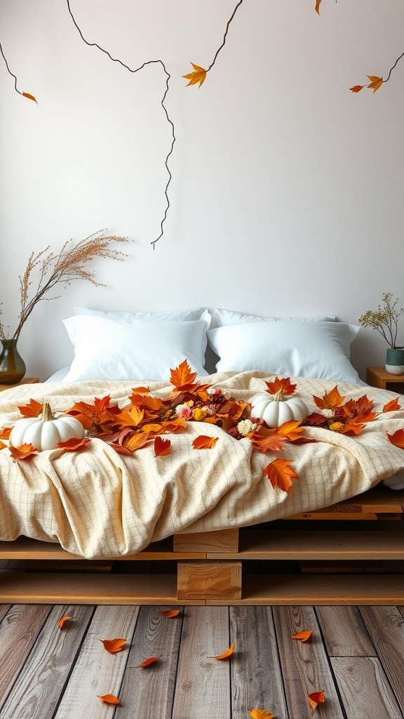 A pallet bed frame decorated with autumn leaves and pumpkins, showcasing a seasonal decor theme.