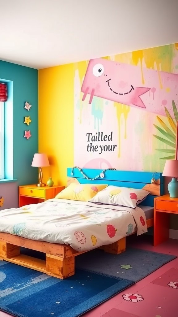 A colorful bedroom with a pallet bed frame, featuring bright walls, playful bedding, and vibrant decor.