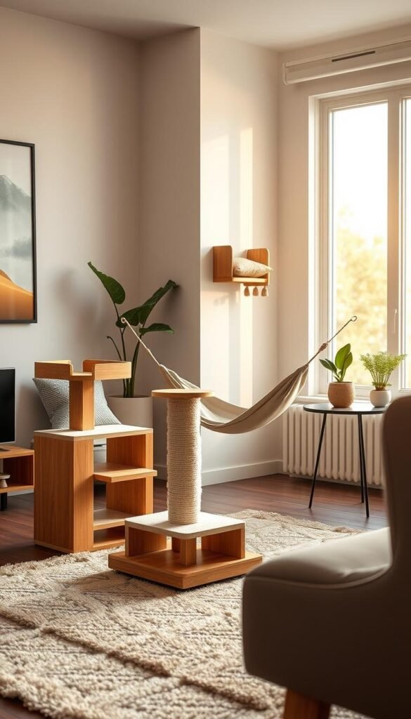 A cozy and chic living room scene showcasing innovative pet furniture for small spaces. In the foreground, a stylish modular cat tower and scratching post sit atop a plush area rug. In the middle ground, a sleek cat hammock and a modern wall-mounted cat shelf blend seamlessly into the room's decor. The background features a large window flooding the space with warm, natural light and a minimalist side table holding a small potted plant. The overall atmosphere exudes a sense of harmony and comfort, creating an inviting environment for both the pet and their owner. A cozy and chic living room scene showcasing innovative pet furniture for small spaces. In the foreground, a stylish modular cat tower and scratching post sit atop a plush area rug. In the middle ground, a sleek cat hammock and a modern wall-mounted cat shelf blend seamlessly into the room's decor. The background features a large window flooding the space with warm, natural light and a minimalist side table holding a small potted plant. The overall atmosphere exudes a sense of harmony and comfort, creating an inviting environment for both the pet and their owner.