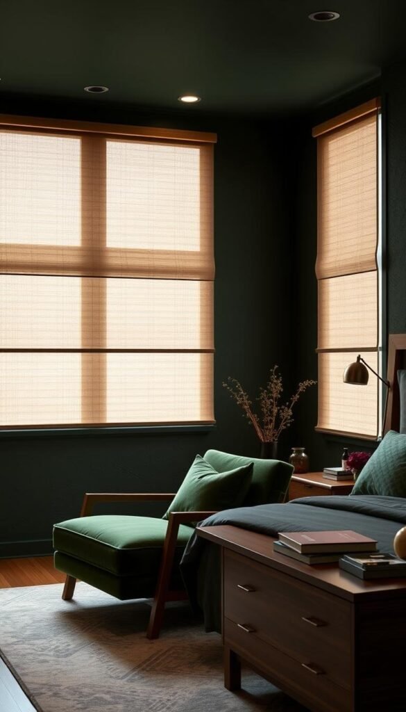 A cozy bedroom awash in rich, dark green hues. Soft, cascading shades frame the windows, casting a warm, soothing glow throughout the space. Textured walls in a deep, earthy tone serve as a striking backdrop, complemented by sleek, minimalist furniture in complementary wood tones. A plush, oversized armchair invites relaxation, while subtle metallic accents and carefully curated decor pieces add depth and sophistication. Gentle, directional lighting from recessed fixtures and a single, elegant pendant create a sense of tranquility and balance, elevating the overall ambiance of the room. A cozy bedroom awash in rich, dark green hues. Soft, cascading shades frame the windows, casting a warm, soothing glow throughout the space. Textured walls in a deep, earthy tone serve as a striking backdrop, complemented by sleek, minimalist furniture in complementary wood tones. A plush, oversized armchair invites relaxation, while subtle metallic accents and carefully curated decor pieces add depth and sophistication. Gentle, directional lighting from recessed fixtures and a single, elegant pendant create a sense of tranquility and balance, elevating the overall ambiance of the room.