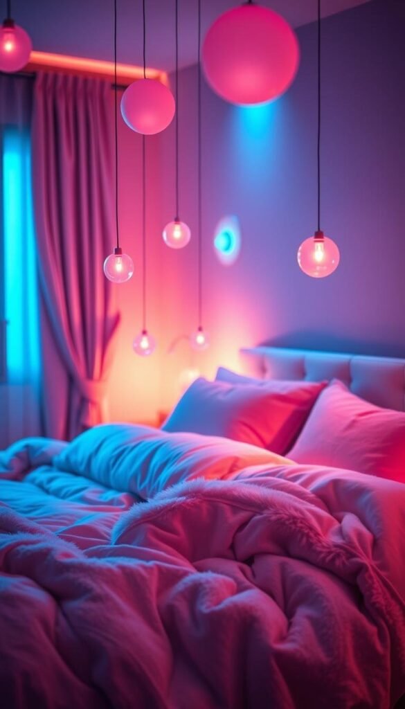 A cozy bedroom bathed in a soft, ethereal glow of pink and blue hues. Warm, ambient lighting emanates from hidden sources, casting a dreamlike atmosphere. Delicate pink orbs hover in the air, their diffused luminescence blending with cool blue accent lights recessed in the walls. Texture and depth are created by layered lighting, with subtle shadows and highlights that enhance the luxurious bedding and plush furnishings. The overall effect is one of tranquility and relaxation, inviting the viewer to sink into the serene, soothing space. A cozy bedroom bathed in a soft, ethereal glow of pink and blue hues. Warm, ambient lighting emanates from hidden sources, casting a dreamlike atmosphere. Delicate pink orbs hover in the air, their diffused luminescence blending with cool blue accent lights recessed in the walls. Texture and depth are created by layered lighting, with subtle shadows and highlights that enhance the luxurious bedding and plush furnishings. The overall effect is one of tranquility and relaxation, inviting the viewer to sink into the serene, soothing space.