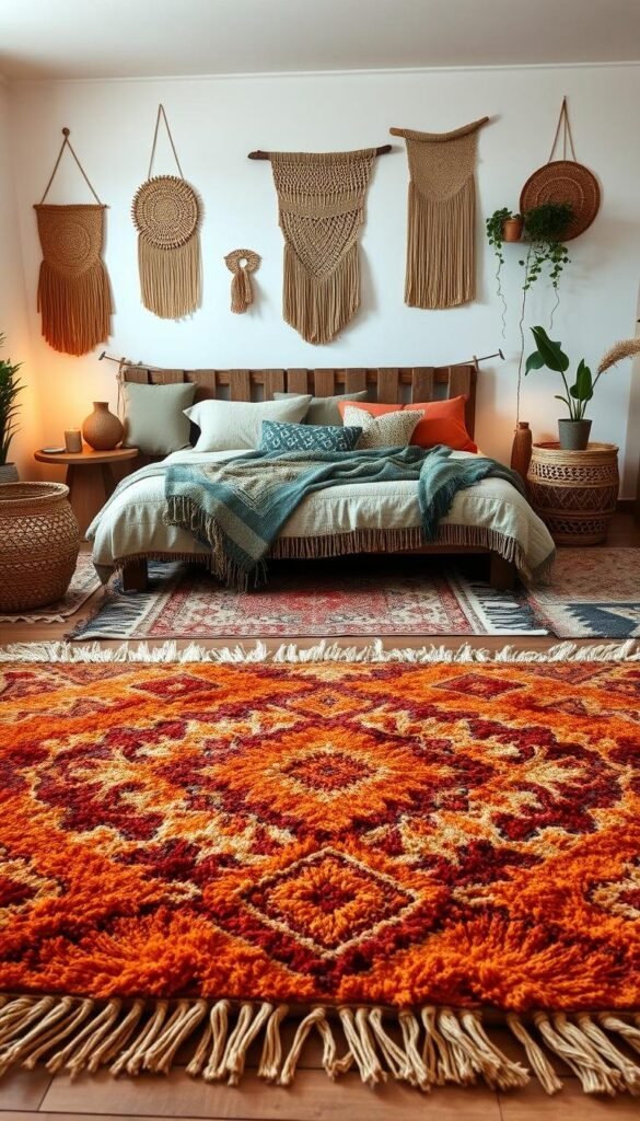 A cozy bohemian bedroom with a central focus on richly textured area rugs. In the foreground, a plush, layered rug in earthy tones of rust, ochre, and terracotta anchors the space, its intricate patterns and fringed edges adding visual interest. Surrounding it, an eclectic mix of smaller rugs in complementary hues and designs create a warm, inviting atmosphere. In the middle ground, a wooden bed frame is adorned with soft, draped fabrics in shades of sage and indigo, while the background features whitewashed walls accented by natural woven wall hangings and potted plants, casting a soft, diffused glow throughout the room. Lighting is warm and ambient, creating a serene, cocooning vibe. A cozy bohemian bedroom with a central focus on richly textured area rugs. In the foreground, a plush, layered rug in earthy tones of rust, ochre, and terracotta anchors the space, its intricate patterns and fringed edges adding visual interest. Surrounding it, an eclectic mix of smaller rugs in complementary hues and designs create a warm, inviting atmosphere. In the middle ground, a wooden bed frame is adorned with soft, draped fabrics in shades of sage and indigo, while the background features whitewashed walls accented by natural woven wall hangings and potted plants, casting a soft, diffused glow throughout the room. Lighting is warm and ambient, creating a serene, cocooning vibe.