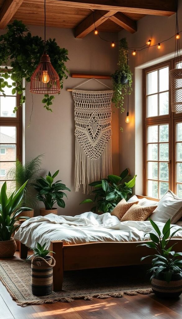 A cozy boho-style bedroom with a rustic wooden bed frame and plush linens. Lush potted plants of varying heights and textures are strategically placed around the room, creating a serene, nature-inspired atmosphere. Soft, warm lighting from a hanging pendant fixture and string lights casts a gentle glow, complementing the earthy color palette. Large windows allow natural light to flood the space, highlighting the intricate macrame wall hanging and woven accents. The overall design exudes a relaxed, inviting vibe perfect for a tranquil retreat. A cozy boho-style bedroom with a rustic wooden bed frame and plush linens. Lush potted plants of varying heights and textures are strategically placed around the room, creating a serene, nature-inspired atmosphere. Soft, warm lighting from a hanging pendant fixture and string lights casts a gentle glow, complementing the earthy color palette. Large windows allow natural light to flood the space, highlighting the intricate macrame wall hanging and woven accents. The overall design exudes a relaxed, inviting vibe perfect for a tranquil retreat.