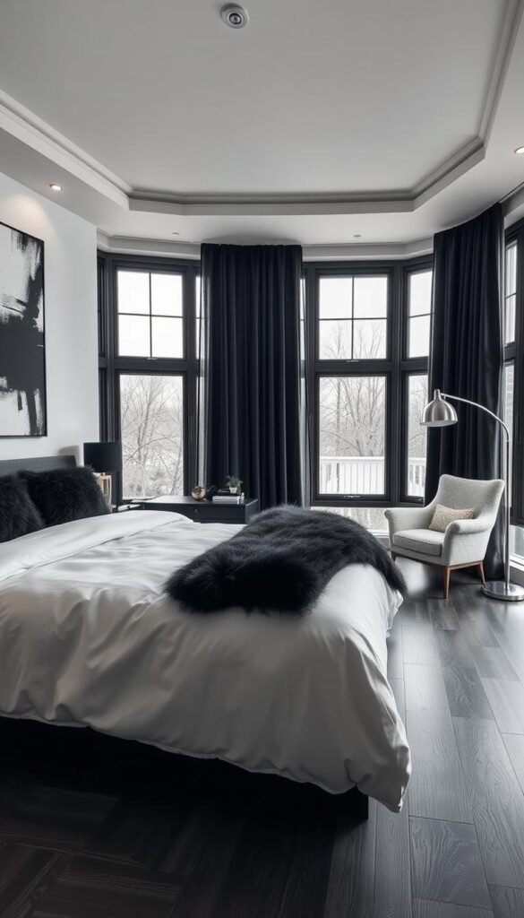 A cozy contemporary bedroom with a striking black and white color palette. In the foreground, a plush king-size bed with crisp white bedding and a fluffy black comforter. Mounted above the headboard, a large abstract black and white canvas artwork casts a moody ambiance. The middle ground features a sleek black nightstand with a minimalist table lamp, complemented by a modern armchair upholstered in textured white fabric. The background showcases floor-to-ceiling windows that flood the space with natural light, framed by elegant black curtains. Hardwood floors in a rich charcoal tone ground the scene, while subtle metallic accents, such as a gleaming silver floor lamp, add a touch of sophistication. The overall atmosphere is one of understated elegance and timeless style. A cozy contemporary bedroom with a striking black and white color palette. In the foreground, a plush king-size bed with crisp white bedding and a fluffy black comforter. Mounted above the headboard, a large abstract black and white canvas artwork casts a moody ambiance. The middle ground features a sleek black nightstand with a minimalist table lamp, complemented by a modern armchair upholstered in textured white fabric. The background showcases floor-to-ceiling windows that flood the space with natural light, framed by elegant black curtains. Hardwood floors in a rich charcoal tone ground the scene, while subtle metallic accents, such as a gleaming silver floor lamp, add a touch of sophistication. The overall atmosphere is one of understated elegance and timeless style.