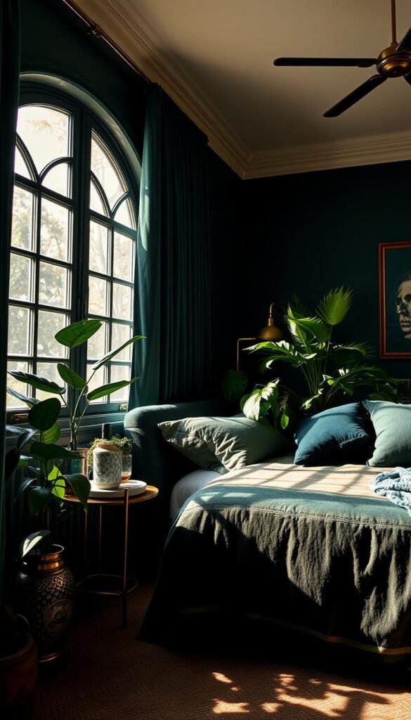 A cozy, dark green bedroom with complementary accents. Soft ambient lighting casts a warm glow, highlighting the rich, velvety textures of the bedding and curtains. Lush, leafy plants in ceramic pots add pops of vibrant green, while brass and gold-tone fixtures and decor elements create a luxurious, slightly vintage feel. The overall atmosphere is one of serene sophistication, inviting relaxation and tranquility. A large, arched window floods the space with natural light, casting dramatic shadows and adding depth to the scene. The camera angle is slightly elevated, capturing the bedroom's inviting ambiance in a visually compelling way. A cozy, dark green bedroom with complementary accents. Soft ambient lighting casts a warm glow, highlighting the rich, velvety textures of the bedding and curtains. Lush, leafy plants in ceramic pots add pops of vibrant green, while brass and gold-tone fixtures and decor elements create a luxurious, slightly vintage feel. The overall atmosphere is one of serene sophistication, inviting relaxation and tranquility. A large, arched window floods the space with natural light, casting dramatic shadows and adding depth to the scene. The camera angle is slightly elevated, capturing the bedroom's inviting ambiance in a visually compelling way.