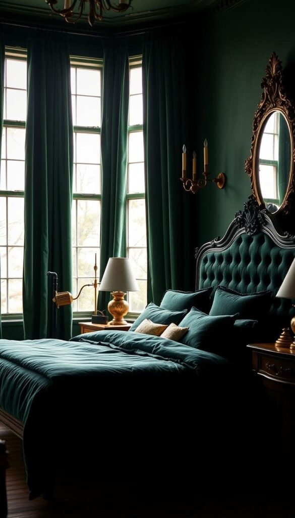 A cozy, dimly-lit bedroom bathed in a rich, earthy glow. Plush dark green velvet curtains frame a large window, allowing soft natural light to filter in. A grand, antique-style bed with a tufted headboard anchors the scene, dressed in layers of luxurious bedding in complementary shades of emerald and forest green. Eclectic decor elements like a vintage brass floor lamp, a weathered oak nightstand, and an ornate gold-framed mirror add depth and character. The atmosphere is inviting and serene, creating a peaceful, cocoon-like ambiance. A cozy, dimly-lit bedroom bathed in a rich, earthy glow. Plush dark green velvet curtains frame a large window, allowing soft natural light to filter in. A grand, antique-style bed with a tufted headboard anchors the scene, dressed in layers of luxurious bedding in complementary shades of emerald and forest green. Eclectic decor elements like a vintage brass floor lamp, a weathered oak nightstand, and an ornate gold-framed mirror add depth and character. The atmosphere is inviting and serene, creating a peaceful, cocoon-like ambiance.