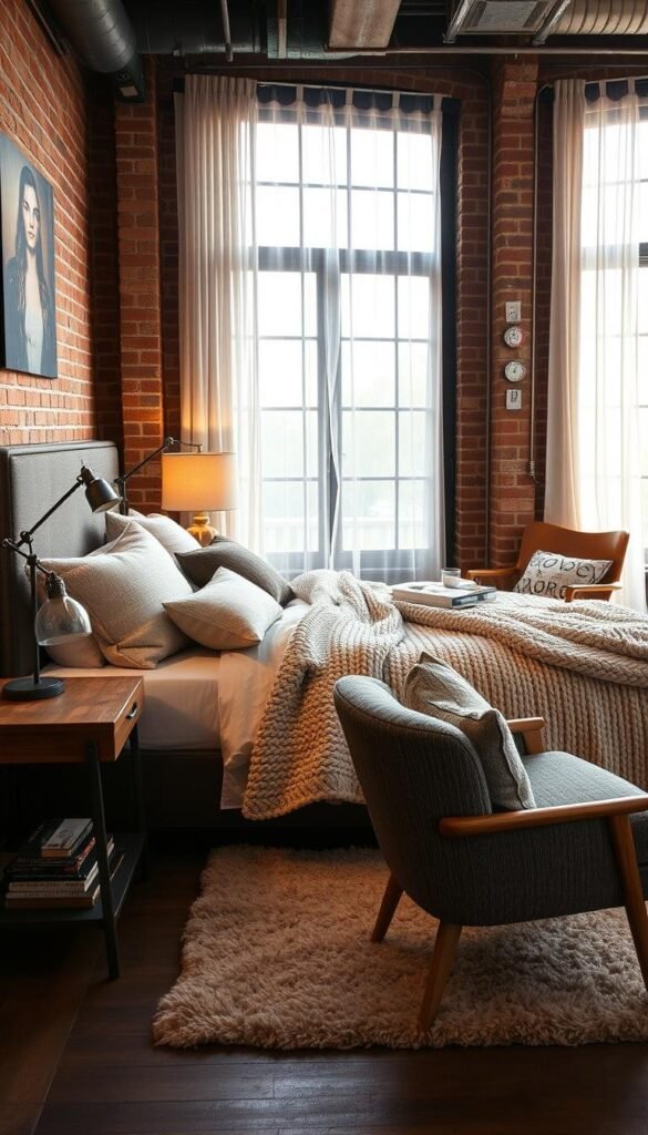 A cozy industrial chic bedroom with layered textiles, featuring a mix of exposed brick walls, metal accents, and plush, neutral-toned fabrics. The focal point is a large, inviting bed draped in a soft, chunky knit blanket and piled high with textured pillows. In the foreground, a wooden side table holds a vintage lamp that casts a warm, ambient glow. In the middle ground, a mid-century modern armchair sits atop a plush area rug, creating a cozy reading nook. The background showcases tall windows that let in plenty of natural light, complemented by sheer, billowing curtains. The overall atmosphere is one of relaxed sophistication, blending industrial elements with comforting, layered textures. A cozy industrial chic bedroom with layered textiles, featuring a mix of exposed brick walls, metal accents, and plush, neutral-toned fabrics. The focal point is a large, inviting bed draped in a soft, chunky knit blanket and piled high with textured pillows. In the foreground, a wooden side table holds a vintage lamp that casts a warm, ambient glow. In the middle ground, a mid-century modern armchair sits atop a plush area rug, creating a cozy reading nook. The background showcases tall windows that let in plenty of natural light, complemented by sheer, billowing curtains. The overall atmosphere is one of relaxed sophistication, blending industrial elements with comforting, layered textures.