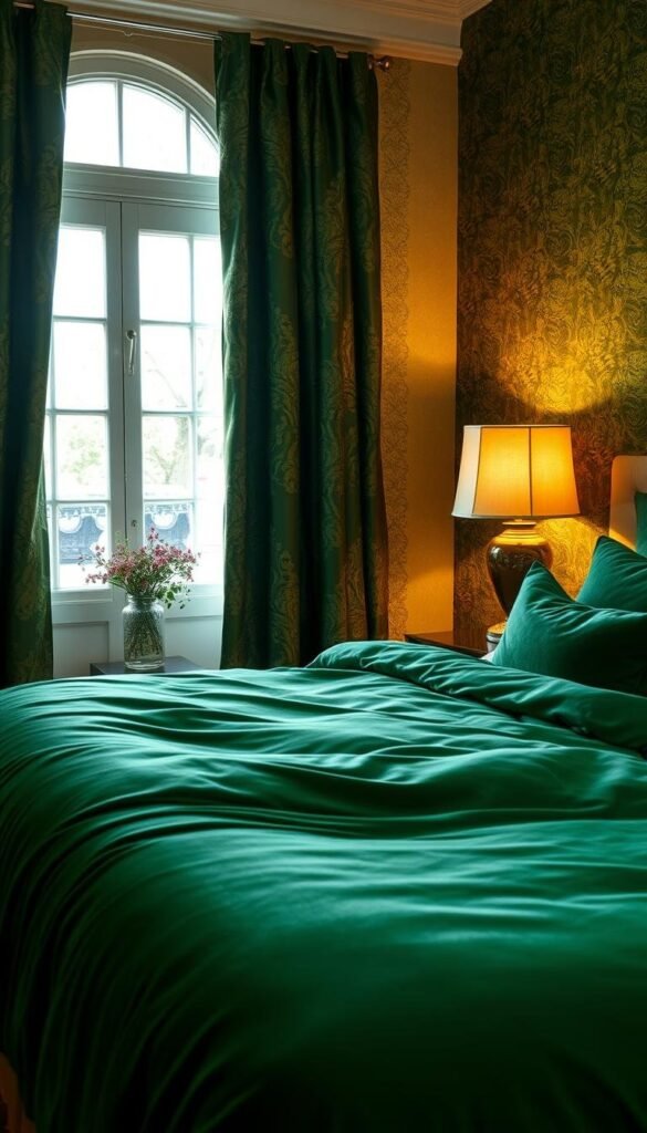 A cozy, luxurious green bedroom with a focus on rich textiles. In the foreground, a plush, velvet emerald duvet covers a king-sized bed, complemented by matching throw pillows. In the middle ground, a pair of ornate, brocade curtains in a deep forest green frame the window, letting in soft, ambient lighting. On the nightstands, lush, linen-wrapped lampshades emit a warm, inviting glow. The background features a textured, moss-colored wall, creating a serene, nature-inspired atmosphere. The overall mood is one of tranquility, comfort, and elegance. A cozy, luxurious green bedroom with a focus on rich textiles. In the foreground, a plush, velvet emerald duvet covers a king-sized bed, complemented by matching throw pillows. In the middle ground, a pair of ornate, brocade curtains in a deep forest green frame the window, letting in soft, ambient lighting. On the nightstands, lush, linen-wrapped lampshades emit a warm, inviting glow. The background features a textured, moss-colored wall, creating a serene, nature-inspired atmosphere. The overall mood is one of tranquility, comfort, and elegance.