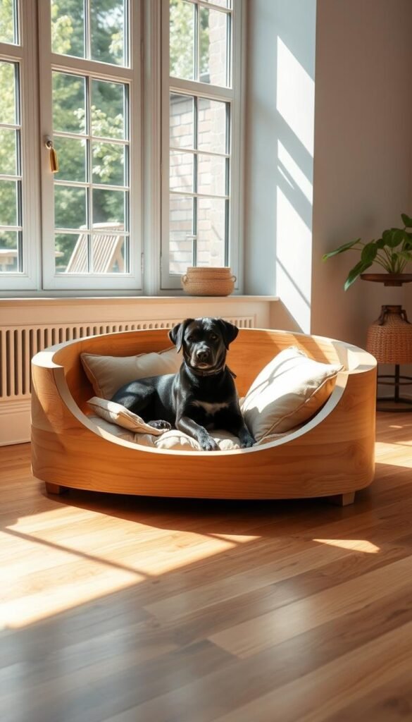 A cozy, natural wood dog bed sits in a serene, sunlit room. The bed is crafted from smooth, rustic pine boards with a warm, honey-toned finish, inviting your furry friend to nestle in. Soft, beige cushions line the interior, providing plush comfort. Gentle natural light filters through large windows, casting a calming glow over the scene. The bed is positioned on a polished hardwood floor, blending seamlessly with the room's earthy, organic aesthetic. Minimal, Scandinavian-inspired decor enhances the tranquil, harmonious atmosphere, making this the perfect spot for your pet to rest and recharge. A cozy, natural wood dog bed sits in a serene, sunlit room. The bed is crafted from smooth, rustic pine boards with a warm, honey-toned finish, inviting your furry friend to nestle in. Soft, beige cushions line the interior, providing plush comfort. Gentle natural light filters through large windows, casting a calming glow over the scene. The bed is positioned on a polished hardwood floor, blending seamlessly with the room's earthy, organic aesthetic. Minimal, Scandinavian-inspired decor enhances the tranquil, harmonious atmosphere, making this the perfect spot for your pet to rest and recharge.