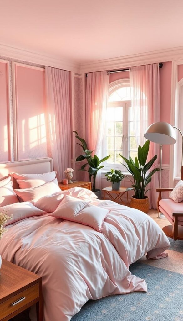 A cozy pink and blue bedroom, bathed in warm, natural light from large windows. Plush, pastel bedding and piles of soft pillows create a welcoming, feminine atmosphere. Sheer curtains flutter gently, adding a dreamy touch. On the walls, delicate floral wallpaper or painted panels in shades of pink and blue. Tasteful, modern furniture in wood tones and polished chrome accents. Lush potted plants and a stylish, oversized floor lamp in the corner. The overall vibe is serene, elegant, and perfectly balanced between the two complementary color palettes. A cozy pink and blue bedroom, bathed in warm, natural light from large windows. Plush, pastel bedding and piles of soft pillows create a welcoming, feminine atmosphere. Sheer curtains flutter gently, adding a dreamy touch. On the walls, delicate floral wallpaper or painted panels in shades of pink and blue. Tasteful, modern furniture in wood tones and polished chrome accents. Lush potted plants and a stylish, oversized floor lamp in the corner. The overall vibe is serene, elegant, and perfectly balanced between the two complementary color palettes.