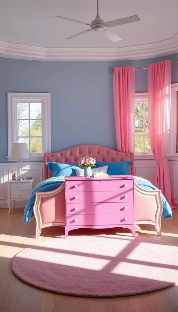A cozy, sun-drenched bedroom with a harmonious pink and blue color scheme. The bed frame is an elegant, soft pink, adorned with plush, tufted headboard. Lush, blue-hued bedding and pillows create a calming, inviting ambiance. The walls are painted in a delicate, pale blue, accentuated by white wainscoting. Sheer, gossamer curtains in soft pink drift gently in the natural light filtering through large windows. A mid-century modern dresser in a vibrant azure hue stands as the centerpiece, complemented by a round, blush-toned area rug. The overall effect is a serene, sophisticated haven that effortlessly blends the warmth of pink with the tranquility of blue. A cozy, sun-drenched bedroom with a harmonious pink and blue color scheme. The bed frame is an elegant, soft pink, adorned with plush, tufted headboard. Lush, blue-hued bedding and pillows create a calming, inviting ambiance. The walls are painted in a delicate, pale blue, accentuated by white wainscoting. Sheer, gossamer curtains in soft pink drift gently in the natural light filtering through large windows. A mid-century modern dresser in a vibrant azure hue stands as the centerpiece, complemented by a round, blush-toned area rug. The overall effect is a serene, sophisticated haven that effortlessly blends the warmth of pink with the tranquility of blue.