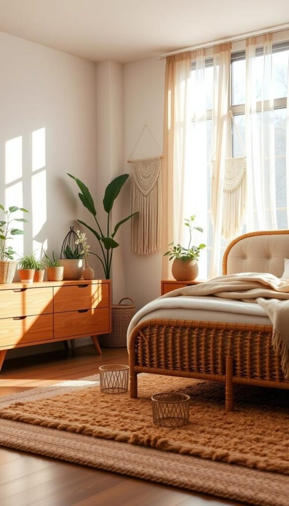 A cozy, sun-drenched boho bedroom with a rattan bed frame and plush, tufted headboard in neutral hues. In the foreground, a low-profile midcentury-inspired wooden dresser adorned with woven baskets and potted plants. The middle ground features a macrame wall hanging and a plush, textured area rug in warm earthy tones. The background showcases a large window framed by sheer, flowing curtains, filling the space with natural light and a sense of tranquility. Soft, diffused lighting creates a warm, inviting ambiance throughout the scene. A cozy, sun-drenched boho bedroom with a rattan bed frame and plush, tufted headboard in neutral hues. In the foreground, a low-profile midcentury-inspired wooden dresser adorned with woven baskets and potted plants. The middle ground features a macrame wall hanging and a plush, textured area rug in warm earthy tones. The background showcases a large window framed by sheer, flowing curtains, filling the space with natural light and a sense of tranquility. Soft, diffused lighting creates a warm, inviting ambiance throughout the scene.