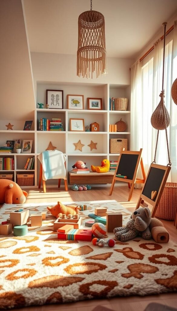A cozy, sun-lit children's play zone with vibrant colors and engaging textures. In the foreground, a soft, plush rug in a playful animal print pattern. Scattered across it, wooden building blocks, plush toys, and a child's chalkboard easel. Against the back wall, built-in shelves display colorful books, framed artwork, and woven baskets. Hanging from the ceiling, a swing with woven macrame accents. Warm, diffused lighting filters through sheer window curtains, casting a gentle glow. The overall atmosphere is one of boundless imagination and carefree exploration, perfect for a young boy's dream bedroom sanctuary. A cozy, sun-lit children's play zone with vibrant colors and engaging textures. In the foreground, a soft, plush rug in a playful animal print pattern. Scattered across it, wooden building blocks, plush toys, and a child's chalkboard easel. Against the back wall, built-in shelves display colorful books, framed artwork, and woven baskets. Hanging from the ceiling, a swing with woven macrame accents. Warm, diffused lighting filters through sheer window curtains, casting a gentle glow. The overall atmosphere is one of boundless imagination and carefree exploration, perfect for a young boy's dream bedroom sanctuary.