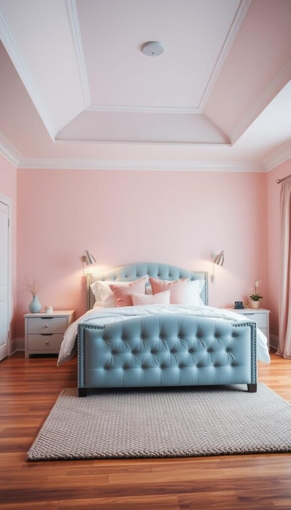 A cozy, well-lit bedroom featuring soft, muted shades of pink and blue. The walls are painted in a delicate, pastel pink hue, creating a warm and inviting atmosphere. Complementing the pink, the ceiling and trim are painted in a serene, baby blue color, adding depth and contrast to the space. In the center of the room, a plush, tufted bed frame in a light, airy blue tone takes center stage, adorned with crisp, white bedding and an array of soft, pink throw pillows. Ambient lighting from a pair of sleek, metal pendant lamps casts a gentle glow, enhancing the room's tranquil ambiance. The hardwood floors are covered by a chunky, woven area rug in a subtle, neutral tone, tying the entire scene together. A cozy, well-lit bedroom featuring soft, muted shades of pink and blue. The walls are painted in a delicate, pastel pink hue, creating a warm and inviting atmosphere. Complementing the pink, the ceiling and trim are painted in a serene, baby blue color, adding depth and contrast to the space. In the center of the room, a plush, tufted bed frame in a light, airy blue tone takes center stage, adorned with crisp, white bedding and an array of soft, pink throw pillows. Ambient lighting from a pair of sleek, metal pendant lamps casts a gentle glow, enhancing the room's tranquil ambiance. The hardwood floors are covered by a chunky, woven area rug in a subtle, neutral tone, tying the entire scene together.