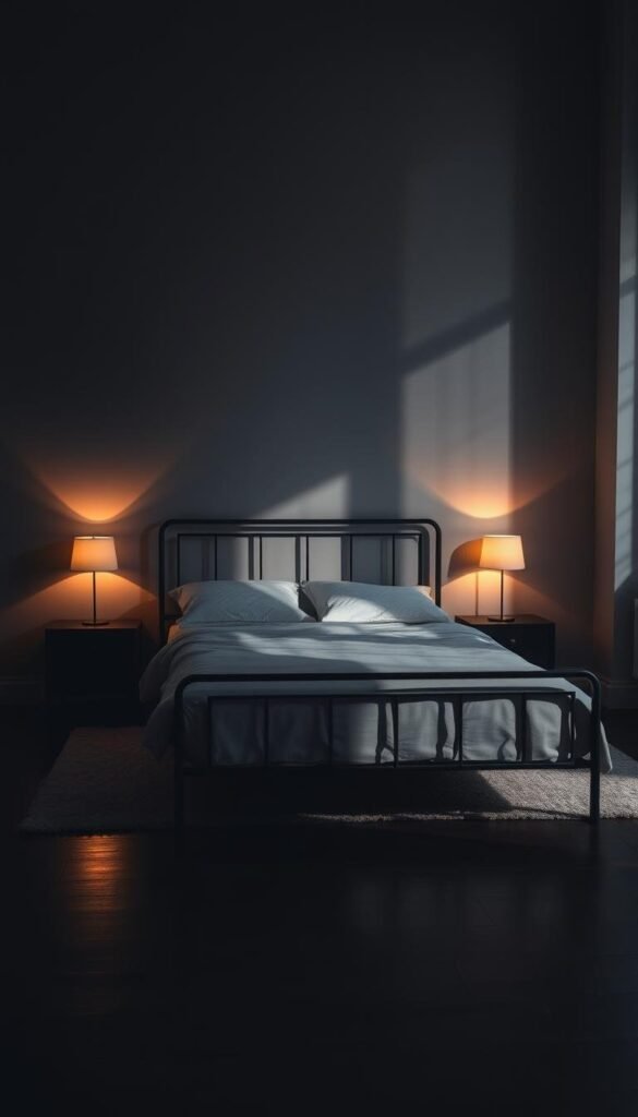 A dimly lit bedroom with a sleek black metal bed frame as the focal point. The frame casts dramatic shadows on the wall, creating a moody, atmospheric ambiance. A warm, soft light emanates from a pair of minimalist bedside lamps, their glow reflecting off the dark wood flooring. The room is sparsely decorated, allowing the bed frame to take center stage. Subtle textures, such as a plush rug and crisp white bedding, add depth and visual interest. The overall scene evokes a sense of modern, sophisticated elegance, perfect for elevating the bedroom's lighting and design. A dimly lit bedroom with a sleek black metal bed frame as the focal point. The frame casts dramatic shadows on the wall, creating a moody, atmospheric ambiance. A warm, soft light emanates from a pair of minimalist bedside lamps, their glow reflecting off the dark wood flooring. The room is sparsely decorated, allowing the bed frame to take center stage. Subtle textures, such as a plush rug and crisp white bedding, add depth and visual interest. The overall scene evokes a sense of modern, sophisticated elegance, perfect for elevating the bedroom's lighting and design.