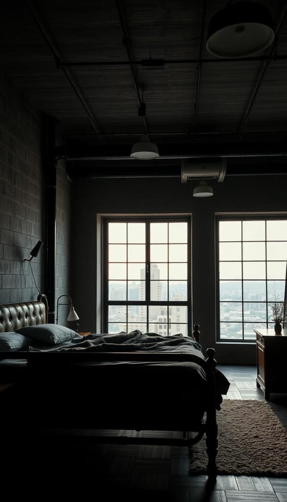 A dimly-lit industrial-style bedroom, showcasing a rugged, textured aesthetic. In the foreground, a weathered metal bedframe and worn leather headboard cast dramatic shadows. Textured concrete walls in the middle ground create a sense of depth, accented by exposed pipes and industrial-inspired lighting fixtures. In the background, a large window overlooking a cityscape, the glass panes reflecting the warm glow of the evening light. The overall mood is one of understated sophistication, with a focus on the interplay of contrasting materials and textures. A dimly-lit industrial-style bedroom, showcasing a rugged, textured aesthetic. In the foreground, a weathered metal bedframe and worn leather headboard cast dramatic shadows. Textured concrete walls in the middle ground create a sense of depth, accented by exposed pipes and industrial-inspired lighting fixtures. In the background, a large window overlooking a cityscape, the glass panes reflecting the warm glow of the evening light. The overall mood is one of understated sophistication, with a focus on the interplay of contrasting materials and textures.