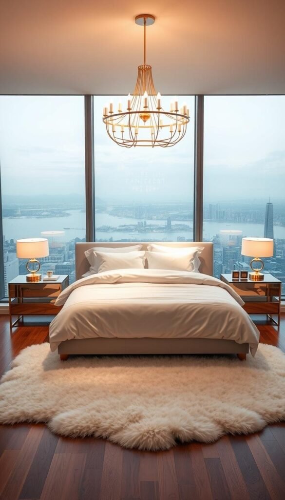 A luxurious modern bedroom, bathed in a soft, warm glow. The focal point is an elegant king-sized bed, dressed in crisp white linens and piled high with plush pillows. Flanking the bed are sleek, gold-framed nightstands, each topped with a modern table lamp emitting a gentle, ambient light. In the background, floor-to-ceiling windows offer a breathtaking view of a tranquil cityscape, the skyline shimmering in the distance. Underfoot, a lush, ivory area rug softens the hardwood floors, while a gold-accented, minimalist chandelier casts a gentle radiance throughout the space. The overall effect is one of serene sophistication, a harmonious blend of white and gold that exudes luxury and elegance.