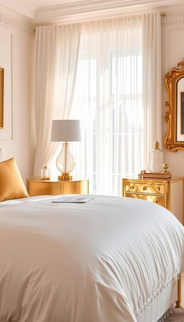 A luxurious white and gold bedroom, bathed in warm, soft lighting. In the foreground, a plush white duvet cover is accented with golden throw pillows and a delicate lace trim. A mid-century modern nightstand in a gleaming gold finish stands beside the bed, topped with a sculptural glass lamp and a decorative tray. In the background, sheer white curtains frame a large window, allowing natural light to filter in and create a serene, tranquil atmosphere. The walls are painted in a soft, white hue, complemented by golden-framed artwork and a stunning, ornate mirror. The overall aesthetic is one of refined elegance and personalized style.